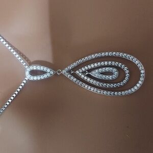 Sterling Silver  CZ Brilliant Embers Teardrop Pendant Stainless Steel Necklace